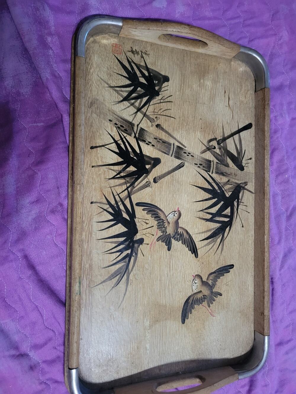 Vintage hand painted wooden tray with 2 handles and bird bamboo design